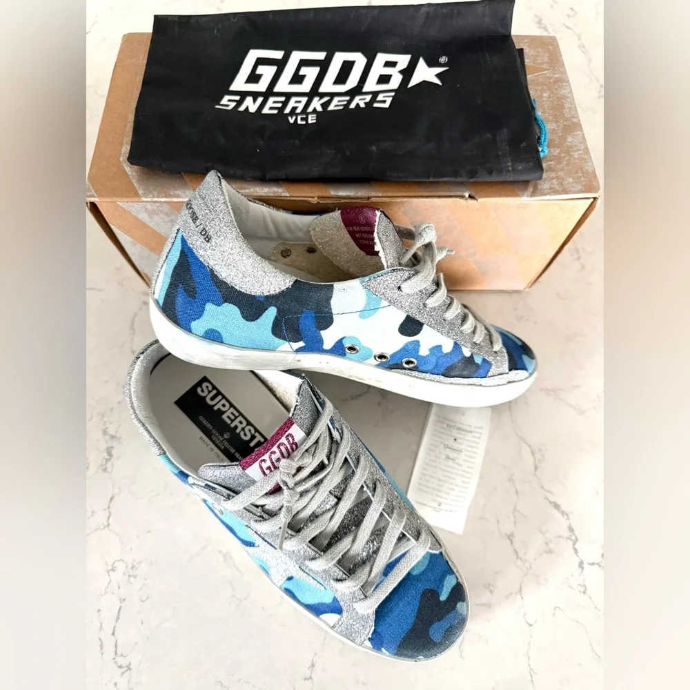 Golden Goose Blue Camo and Silver Sparkle Shoes Size 8 EUC - Picture 2 of 10